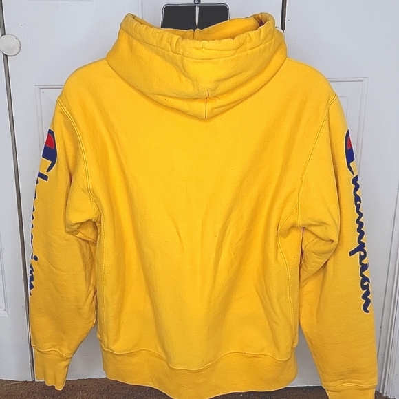 Champion Reverse Weave Flock Script Sleeve Hoodie Size Large Gold and Blue - Picture 6 of 7